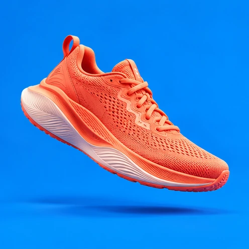 A coral sneaker floating against electric blue